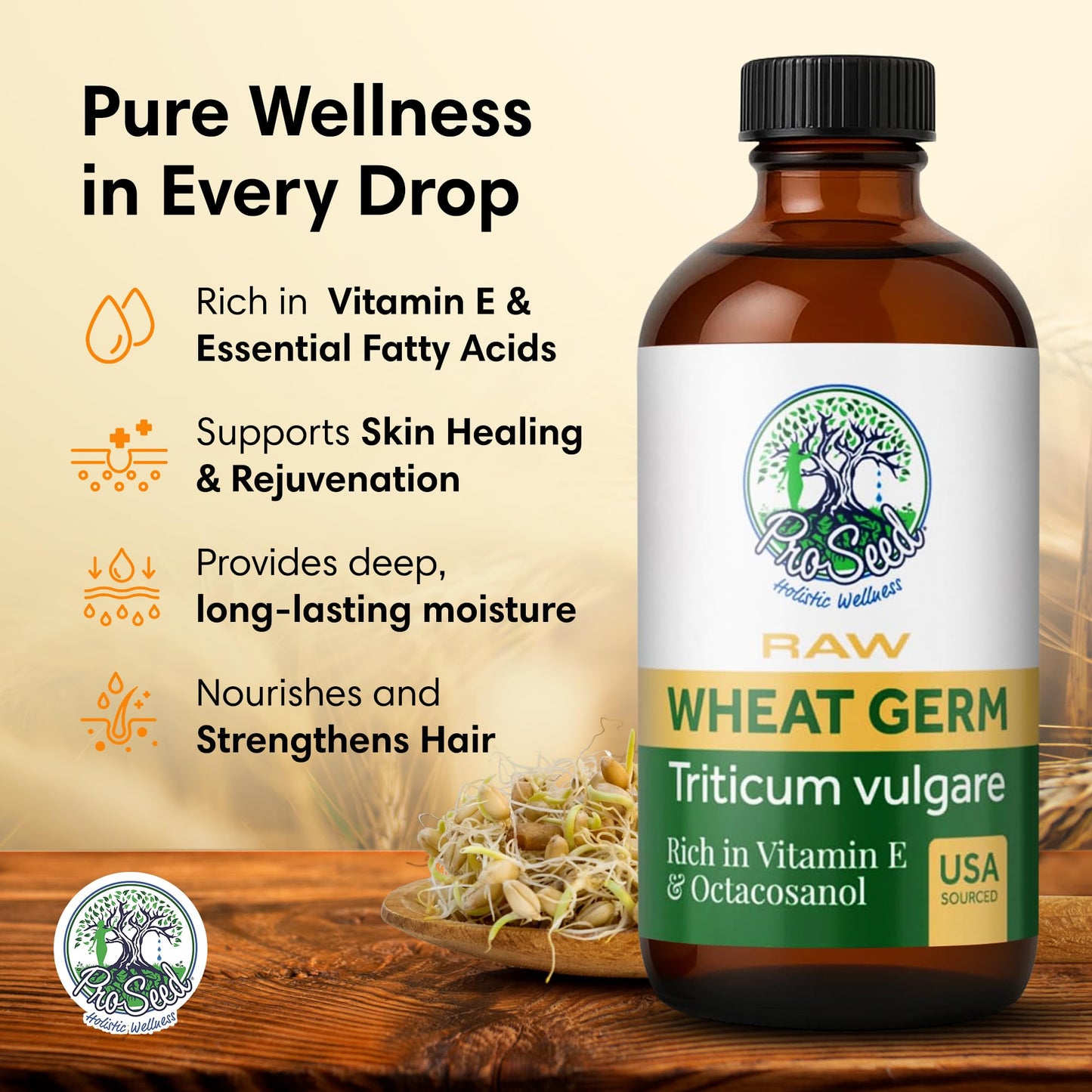ProSeed Handmade Raw Wheat Germ Oil – Virgin, Unfiltered & Cold-Pressed Non-GMO Carrier Oil – High in Vitamin E & Omega Fatty Acids for Hair, Face, Skin & Body – 480ml (16oz) Glass Bottle
