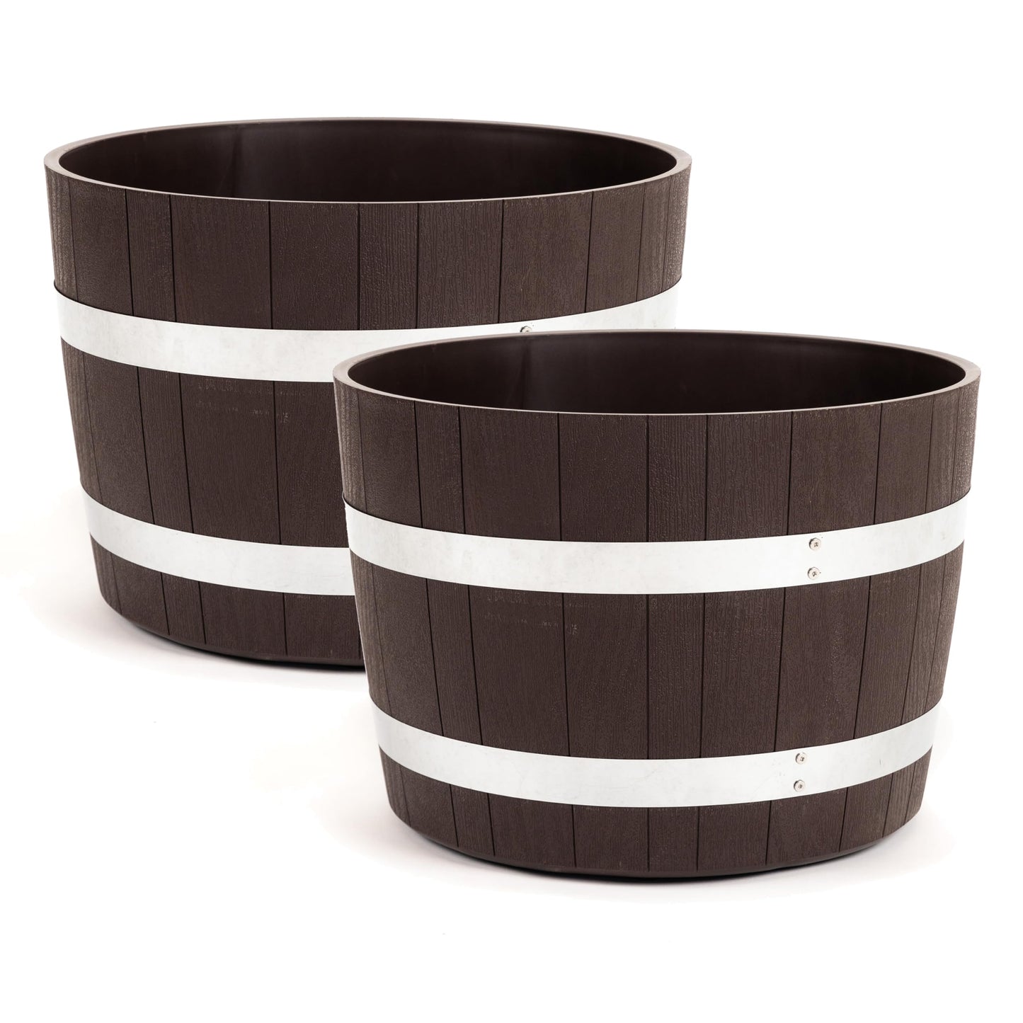 RTS Home Accents Better Barrel 2-Pack, 18-Inch Outdoor Planter, Walnut – Rustic Whiskey Barrel Style Heavy-Duty Resin Pot with Rusting Steel Bands for Patio, Porch & Garden
