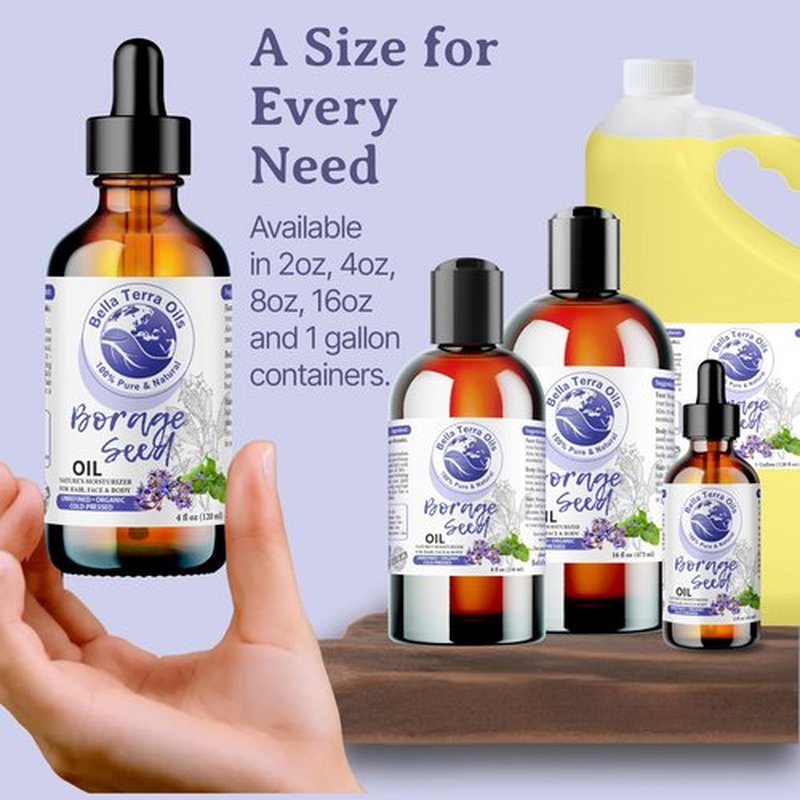 Bella Terra Oils - Organic Borage Seed Oil 4oz - Full of GLA, Embrace The Essence of Pure Organic Borage, Rich in Vitamins A & C, A Natural Boost for Skin's Vitality