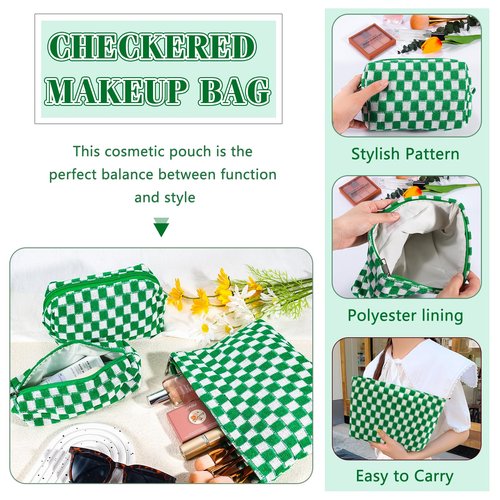 ZLFSRQ 3Pcs Checkered Makeup Bag for Women Large Cosmetic Bag Set Travel Toiletry Bag Makeup Pouch Bag for Purse Green Zipper Storage Bag Organizer Cute Small Aesthetic Girls Car Essentials Bag