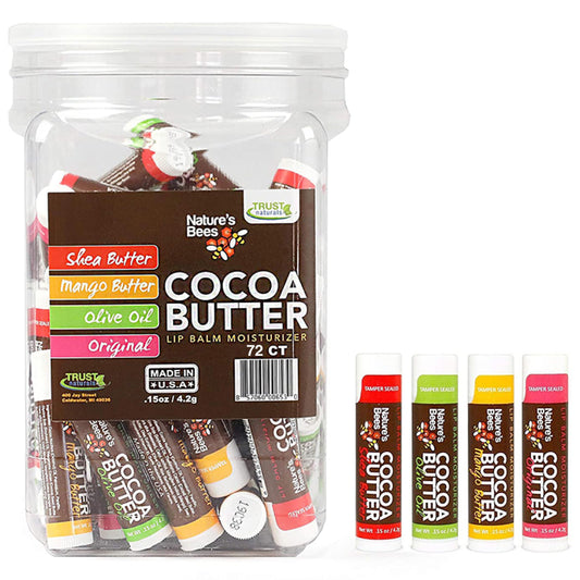 Nature's Bees Cocoa Butter Lip Balm, Original, Shea Butter, Mango Butter and Olive Oil, Bulk Lip Care for Dry Lips, Made with Coconut Oil, Beeswax, Vitamin E, Aloe, 0.15 oz, 4 Flavors, 72 Pack