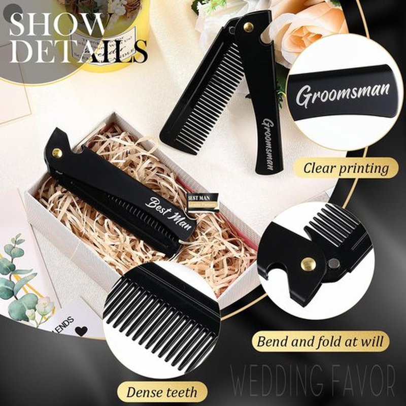 Lineshading 6 Pcs Folding Beard Comb for Men Groomsmen Gift Best Man Gift Pocket Combs Bulk Hair Mustache Comb for Grooming Detangling Wedding Favor Gift (Black,Stainless Steel)