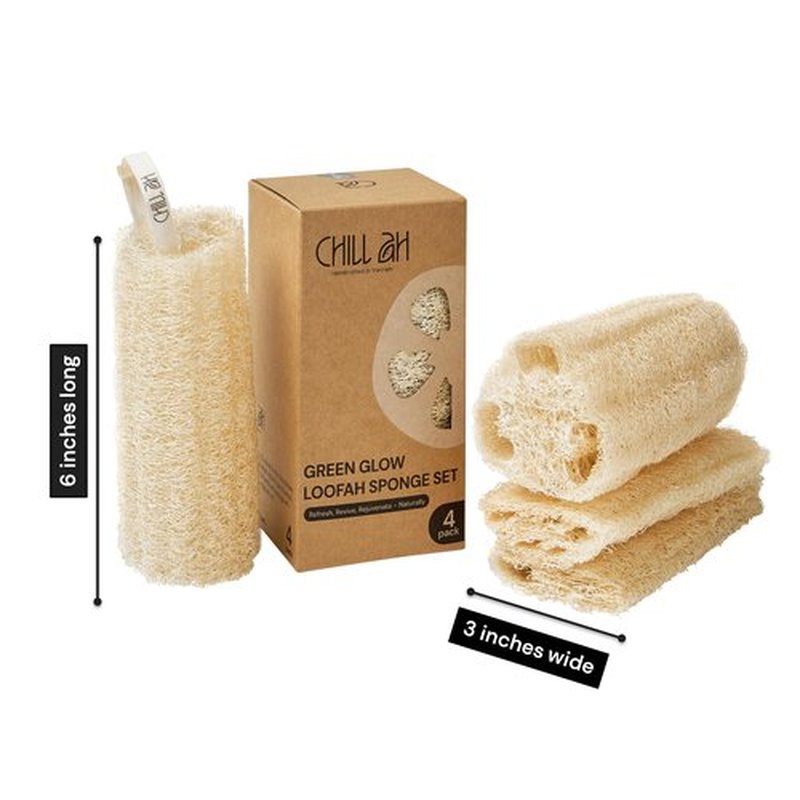 Chill Ah Green Glow Loofah Sponge Set – 100% Plant-Based, dye-Free, Biodegradable, Scratch-Free, Handcrafted in Vietnam (4-Pack)