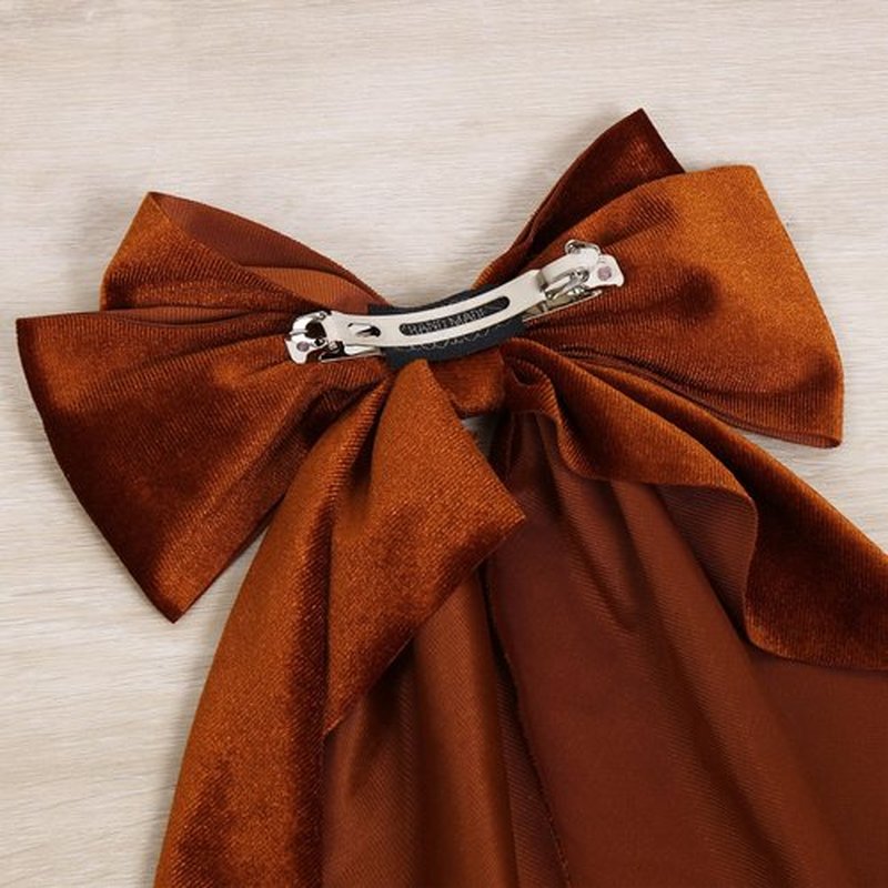 2pc Burnt Orange Velvet Ribbon Hair Bows for Women Girls Oversized Bow-knot French Barrette Hair Clips with Long Tail Hair Clamp Fall Winter Early Spring Hair Styling Accessories