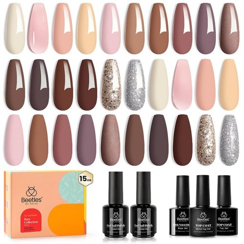 Beetles Gel Nail Polish Set-16 PCS 15ml Pink Nude Neutral Gel Polish Brown Glitter Uv Gel Nail Set Soak Off Nail Polish Daily Nail Design with Glossy Matte Base Top Coat Gifts for Wonen Girls