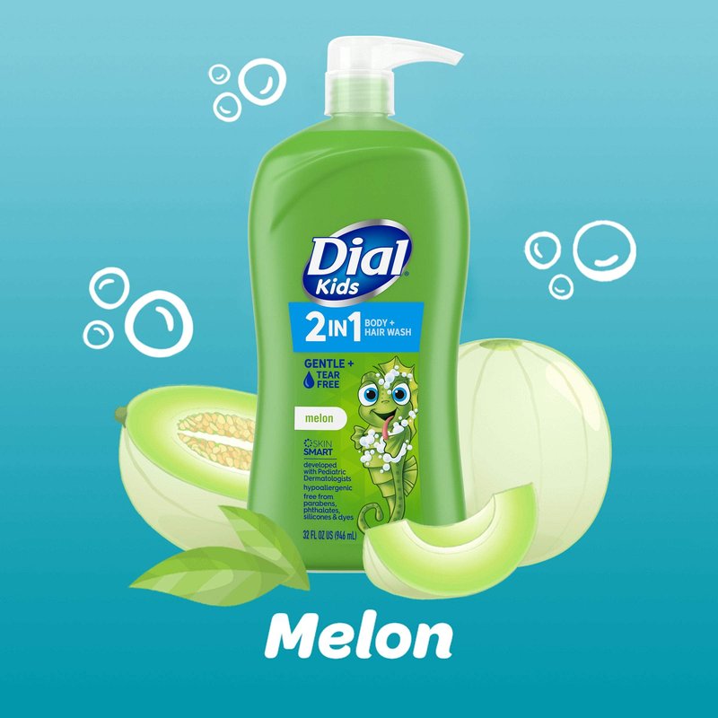 Dial Kids Body+Hair Wash, Melon, 32 fl oz & 3-in-1 Body+Hair+Bubble Bath, Peach, 32 fl oz Bundle