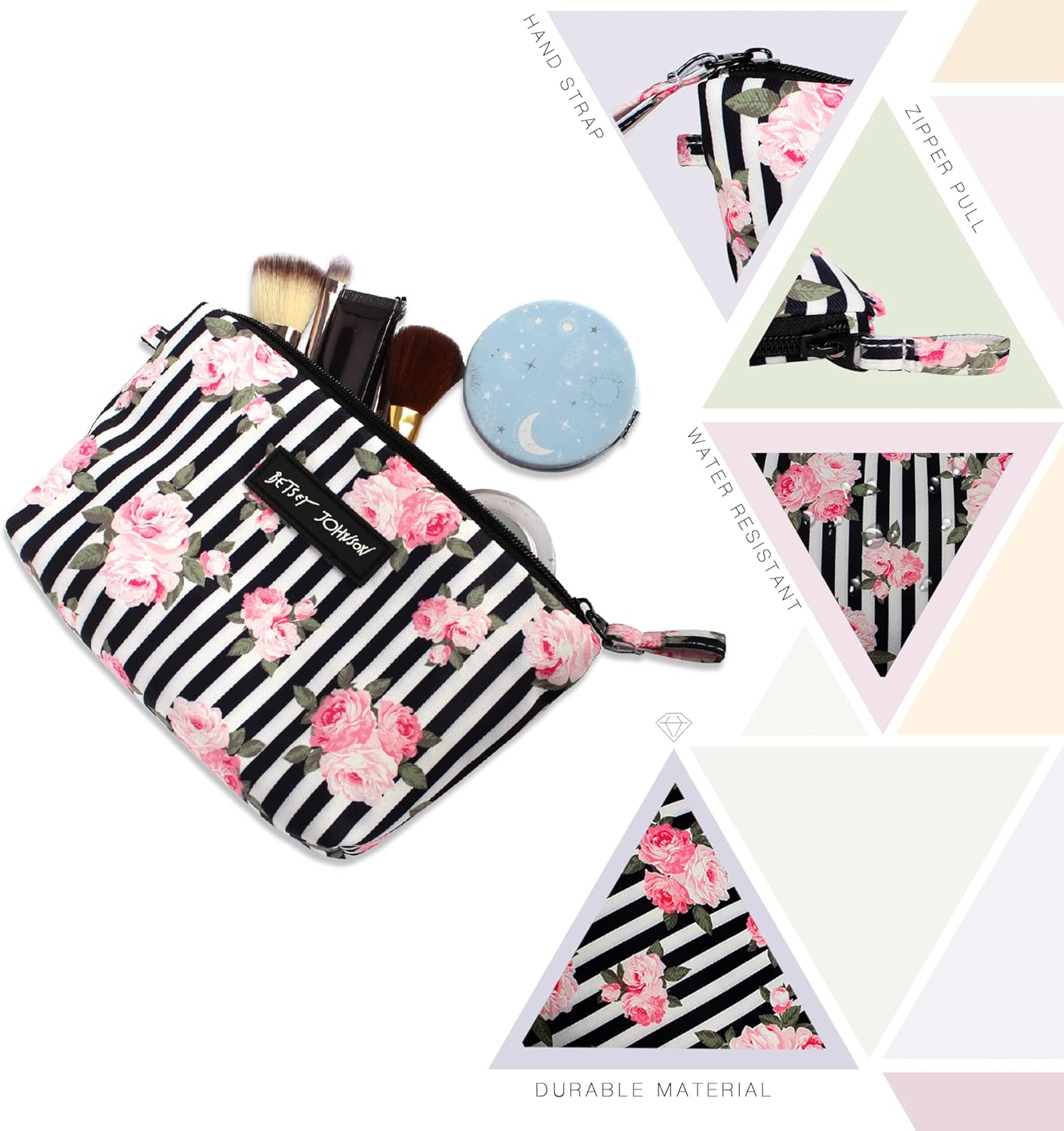 Betsey Johnson 8.5 Inch Zipper Cosmetic Pouch Small Toiletry Bag–Lightweight Durable Polyester Organizer with Inner Zipped Pocket Good For Makeup Accessories and Travel Needs (Covered Rose)