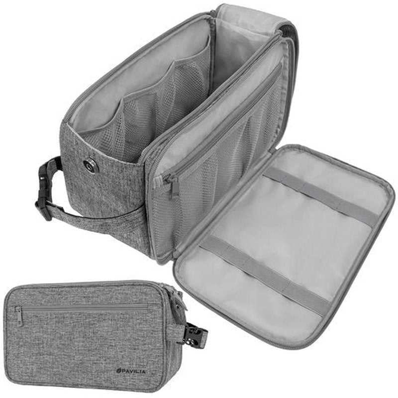 PAVILIA Toiletry Bag for Men, Travel Essentials Shaving Dopp Kit, Mens Travel Bag Toiletries Organizer Case for Grooming, PU Leather Water Resistant Cosmetic Bag Pouch (XL, Heather Grey)