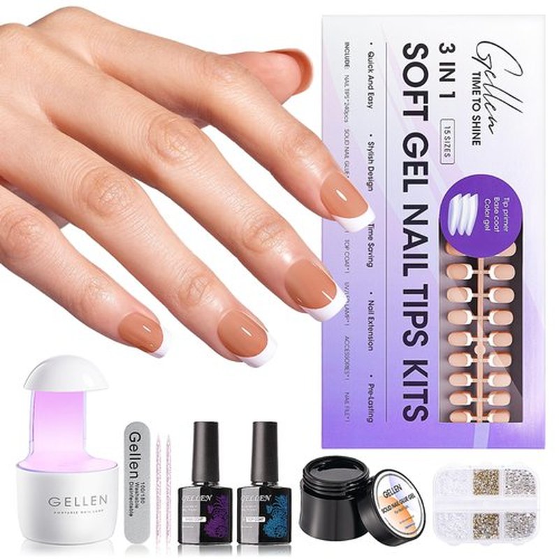 Gellen French Tips Gel Nail Kit - Brown Short Square French Press on Nails Kit Included 150pcs Soft Gel Nail French Tips, Solid Nail Gel Glue, Mini UV Nail Lamp, Top Coat and Base Coat Gel Polish