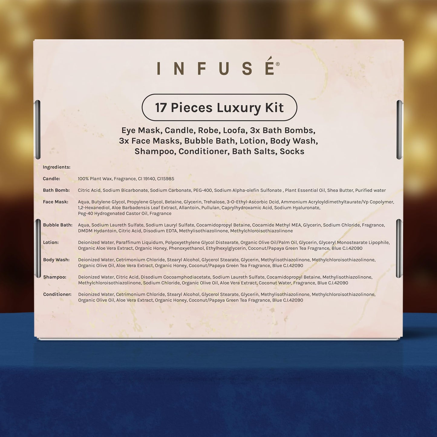 INFUSÉ 17-Piece Spa Gift Box for Women | Mother’s Day & Graduation Gift | Eye Mask, Candle, Robe, Loofa, Bath Bombs, Face Masks, Bubble Bath, Lotion, Body Wash, Bath Salt, Shampoo, Conditioner & Socks