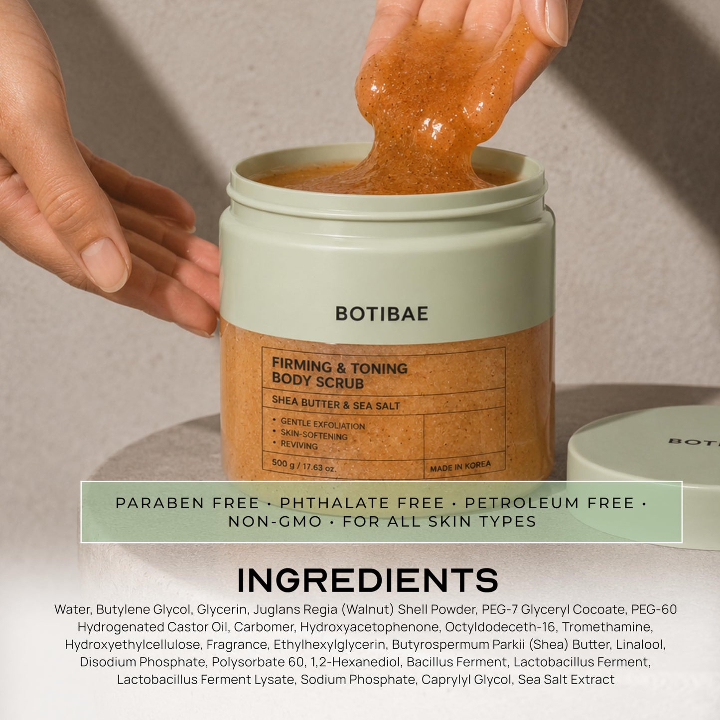 Botibae Shea Butter & Sea Salt Body Scrub – Dermatologist Tested, Korean Skin Care – Gentle Exfoliation, Removes Dead Dry Skin for Smooth And Hydrated Feel – Vegan, Clean Beauty – 17 Fl Oz