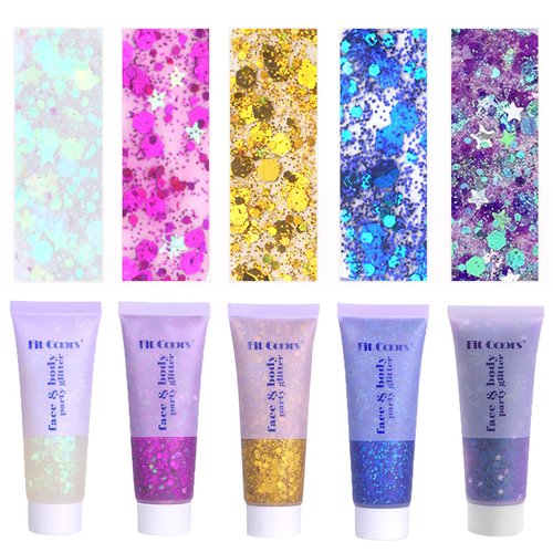 Face Body Glitter, Hair Glitter Sparkles Chunky Body Face Glitter Gel for Girls Makeup Singer Concerts Mermaid (White+Rose+Gold+Blue+Purple)