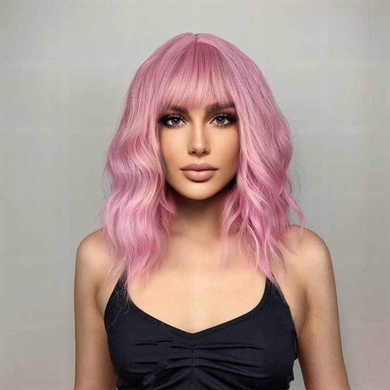 MAGQOO Pink Wig for Women Pink Bob Wig Pastel Short Curly Wavy Wig with Bangs Synthetic Heat Resistant (Pink)