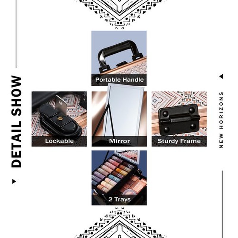 Joligrace Bohemian Makeup Train Case Portable Travel Cosmetic Box with Mirror 2 Trays Makeup Organizer Case for Cosmetics Supplies Nail Tech Toiletry Kits Traveling Makeup Storage