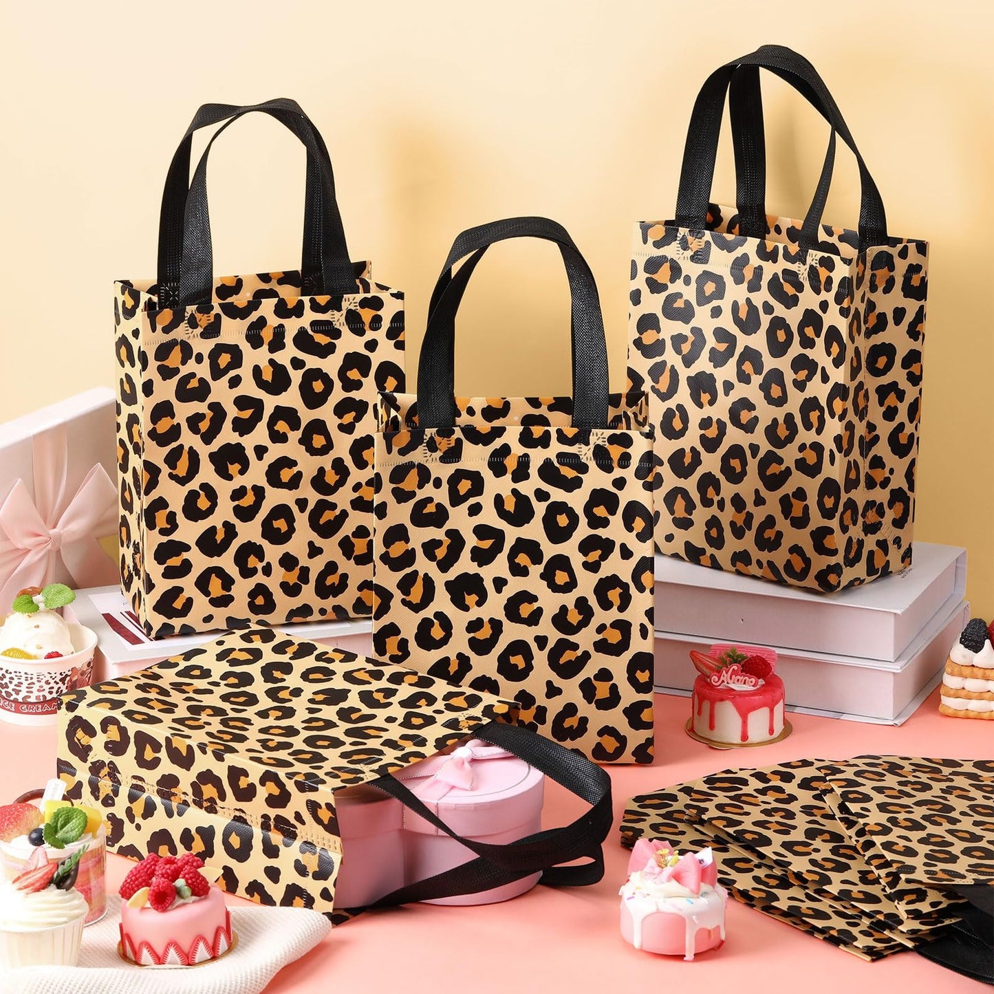 Supervitae 24 Pack Leopard Print Gift Party Bags Medium Animal Print Party Decoration Supplies Reusable Non Woven Totes for Birthday Jungle Baby Shower Favor(9.8" x 7.9" x 3.9")