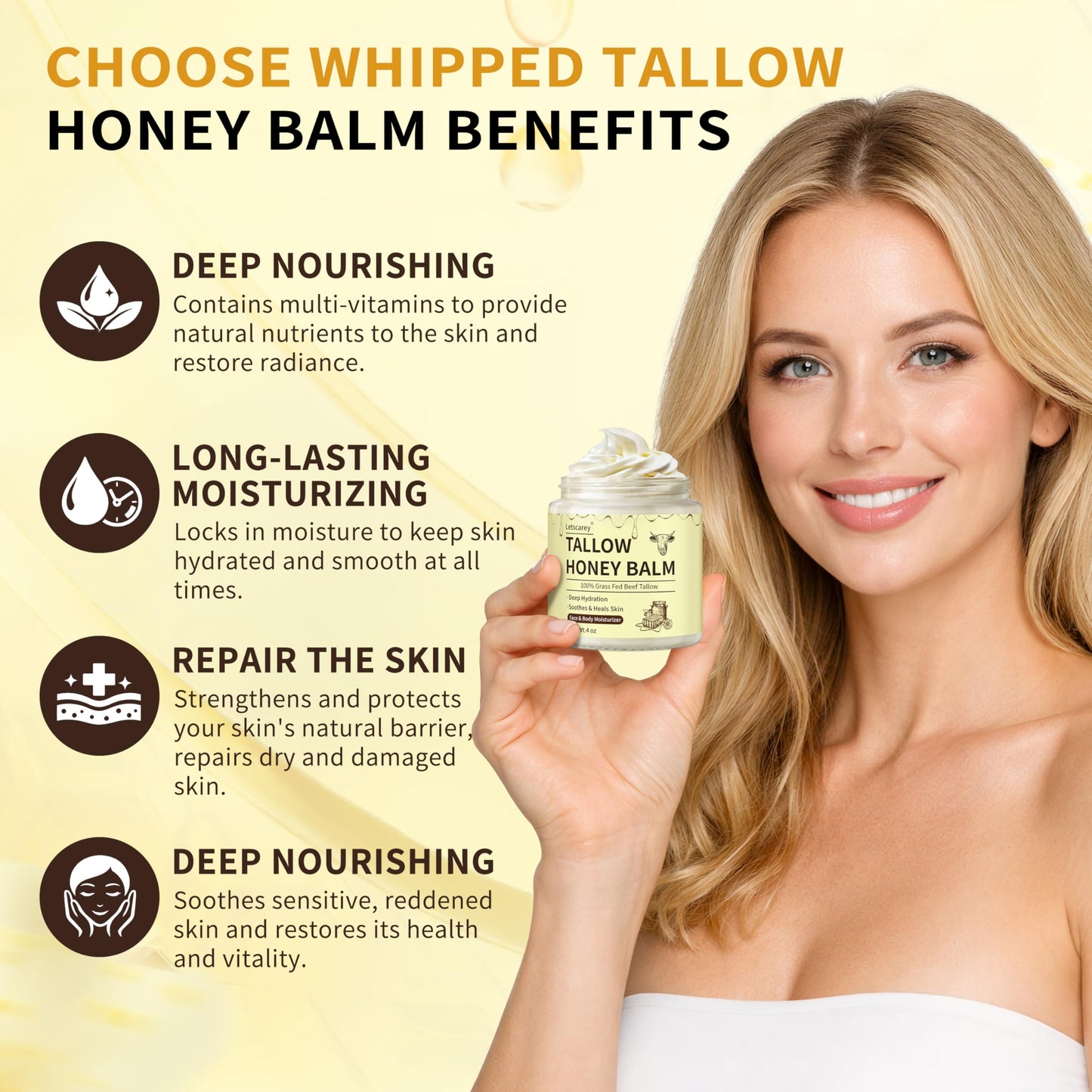 Letscarey Beef Tallow for Skin, Whipped Tallow and Honey Balm For Face, Grass Fed Beef Tallow Moisturizer Cream Deeply Nourishment for Dry skin, Natural Unscented Tallow Face Moisturizer