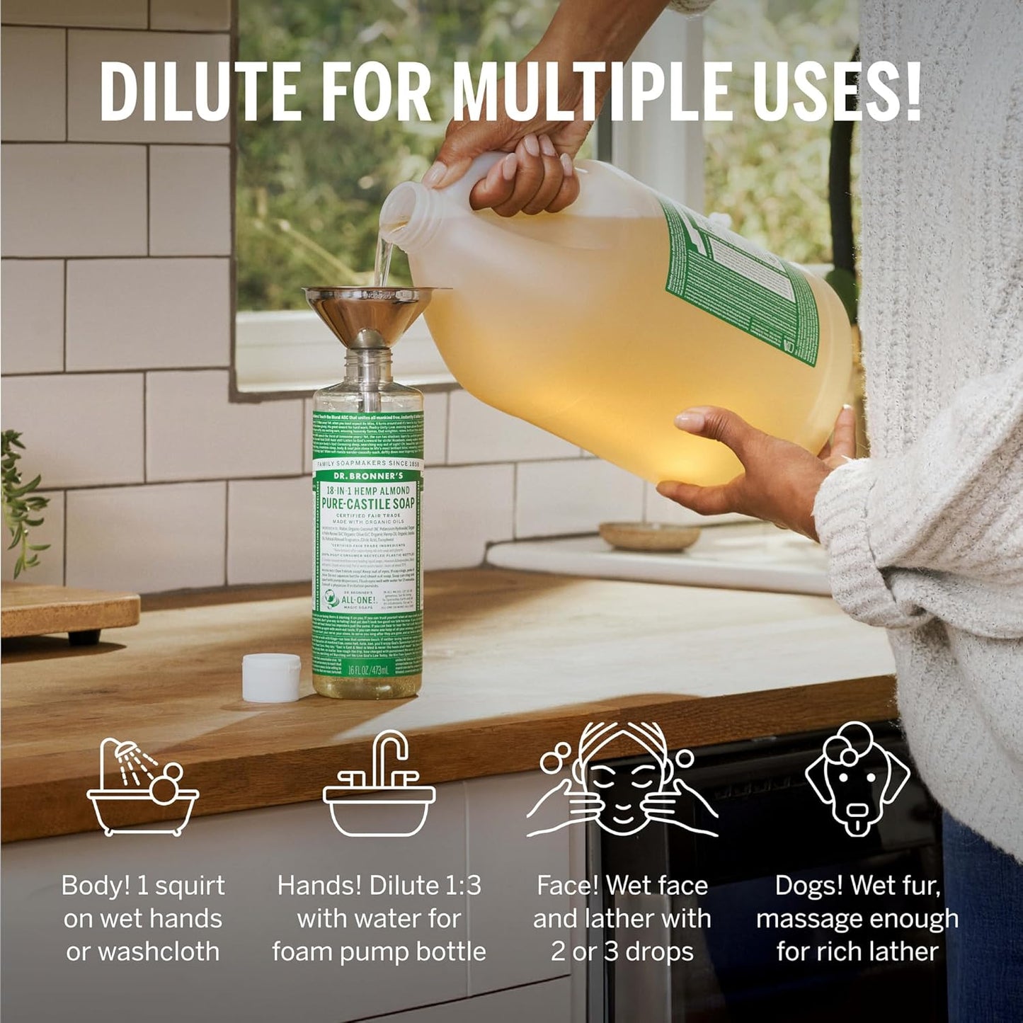 Dr. Bronner's - Pure-Castile Liquid Soap (Almond, 32 ounce) - Made with Organic Oils, 18-in-1 Uses: Face, Body, Hair, Laundry, Pets and Dishes, Concentrated, Vegan, Non-GMO