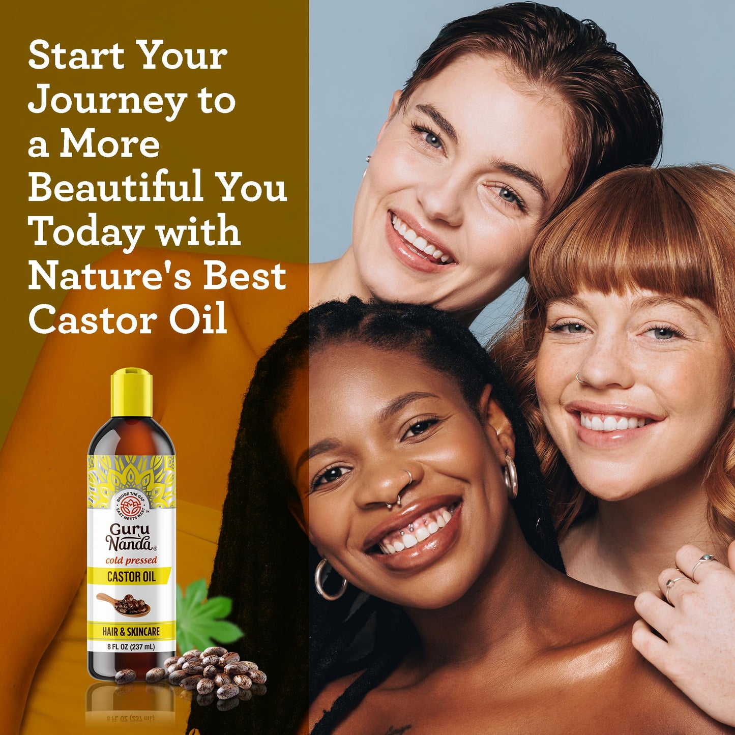 GuruNanda Castor Oil (8 Fl oz), 100% Pure & Natural - Cold Pressed & Hexane-Free, Hydrating Carrier Oil for Skin, Hair, Eyebrows & Eyelashes Growth (Pack of 3)