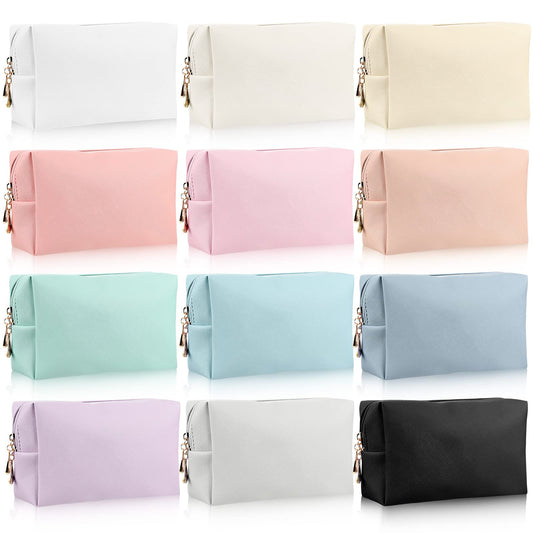 Jexine 12 Pieces Small Makeup Bag Water Resistant PU Leather Cosmetic Bag Travel Toiletry Bags Mini Pouch Zipper Portable Storage Organizer Bulk for Women Gift Daily Use 12 Colors