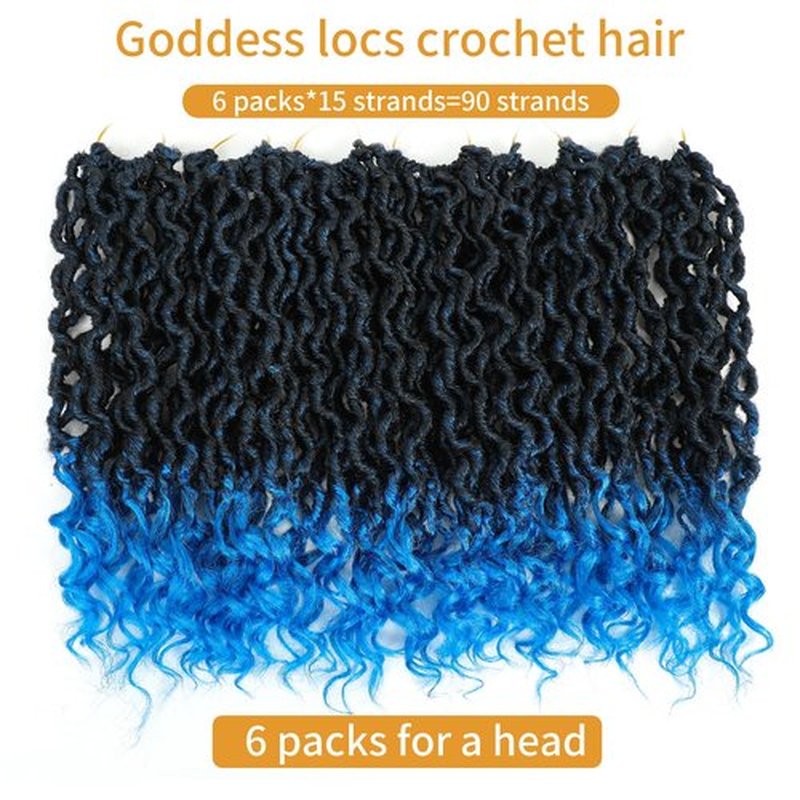 Faux Locs Crochet Hair 18 Inch 6 Packs Ombre Blue Goddess Faux Locs Crochet Hair Pre Looped Crochet Goddess Locs with Curly ends(18 Inch,6 Packs,1B/Blue)