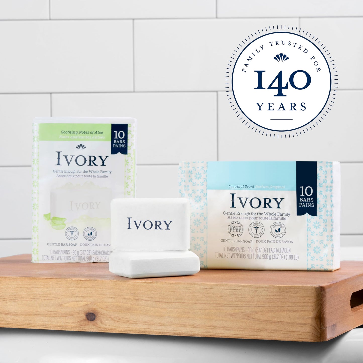 Ivory Gentle Bath Bar Soap, Designed for Whole Family, 99.44% Pure Formula, Plant-Based Cleansers, Made Without Heavy Perfumes, Parabens or Phthalates, Original Scent, 3.17 oz (10 Count)