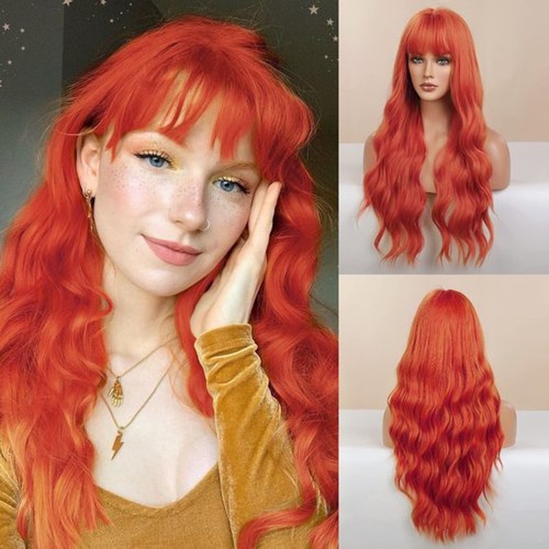 FORCUTEU Orange Wig with Bangs Long Orange Wigs for Women Orange Red Wavy Wigs Orange Heat Resistant Wigs for Daily Party Halloween Cosplay (Orange 26inch)