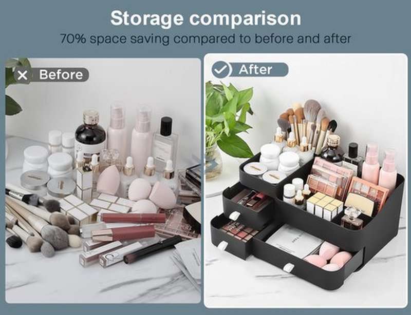 ONXE Makeup Organizer With Drawers,Large Countertop Storage for Cosmetics Elegant Vanity Holder for Brushes, Eyeshadow, Lotions, Lipstick, Nail Polish and Jewelry (black)