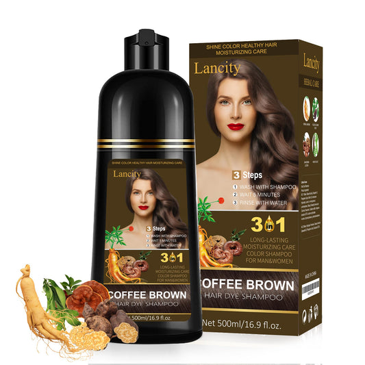 Lancity Hair dye shampoo 3 in1 Instant Coloring Shampoo, 100% Gray Coverage for Men & Women, Herbal Ingredients, Fast Color Shampoo (Coffee Brown)
