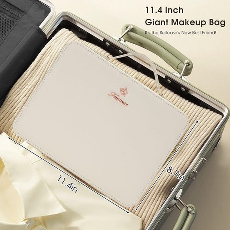 Faquenc Leather Makeup Case with LED Lighted Mirror 11.4 Inch Travel Makeup Bag Adjustable Brightness in 3 Colors Cosmetic Organizer Artist Storage Bag with Dividers Brush Holder Bag Present Box White