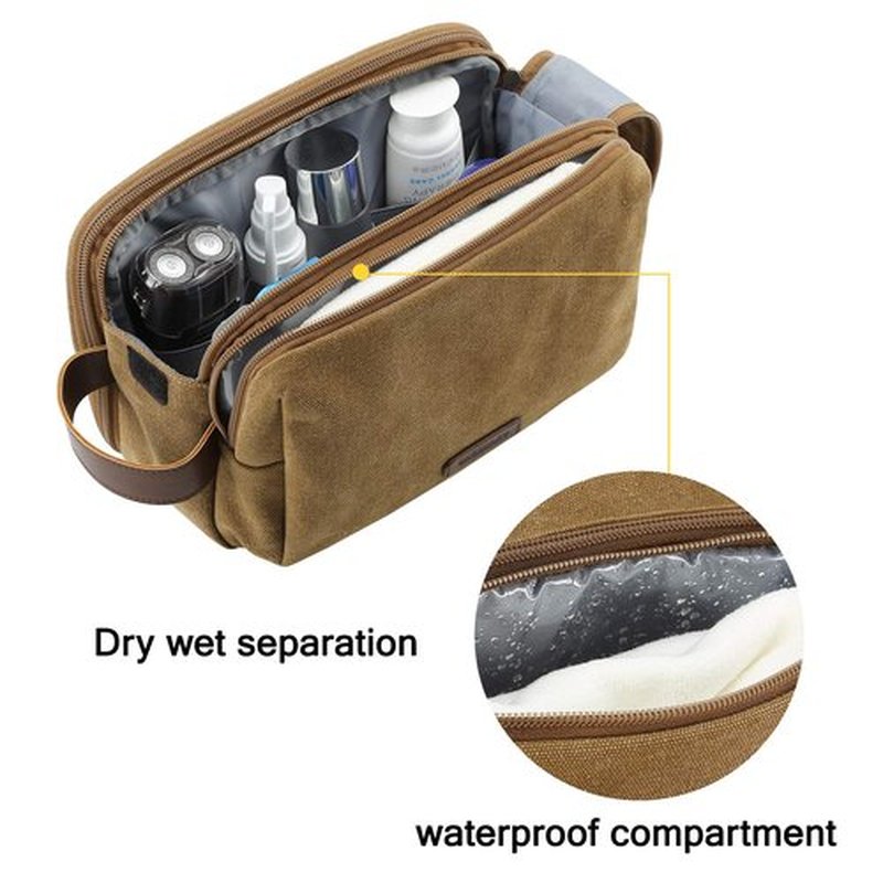 BAGSMART Toiletry Bag for Men, Canvas Travel Toiletry Organizer Dopp Kit Water-resistant Shaving Bag for Toiletries Accessories,Khaki-Medium