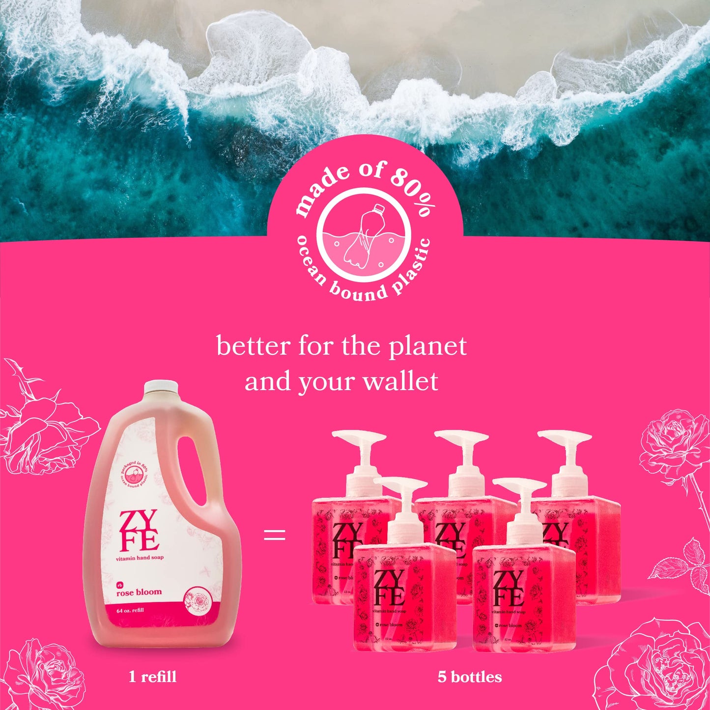 ZYFE 12 Bottle Case of Vitamin Hand Soap - Liquid Hand Soap - Natural Plant Derived Moisturizing Handsoap with Essential Oil Fragrance Rose Bloom - Wholesale Carton