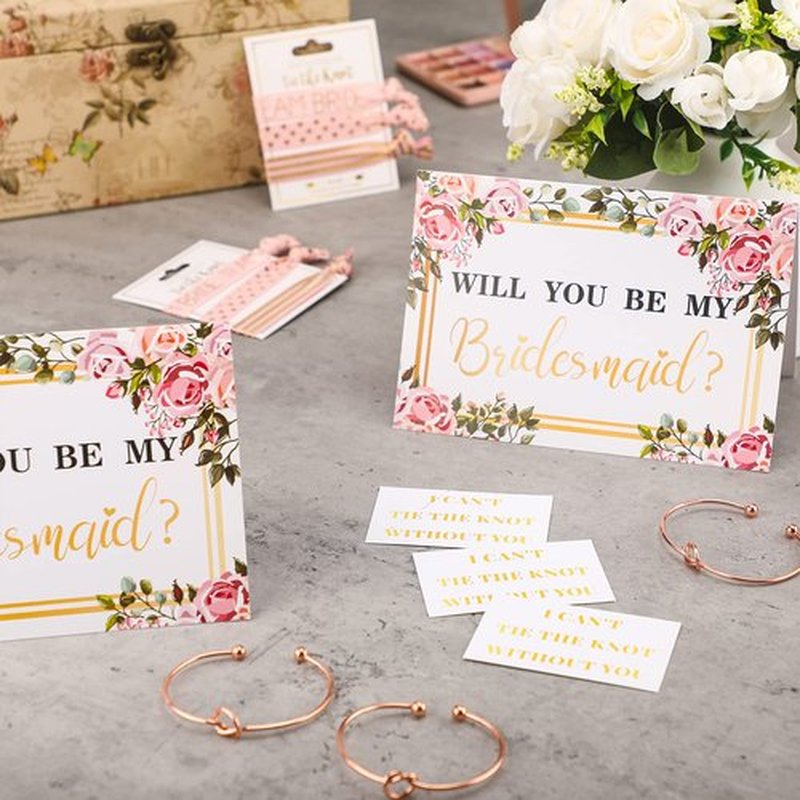 63 Pcs Bridesmaid Proposal Gifts Bulk Maid of Honor Gifts Matron of Honor Gifts Brides Bridesmaid Cosmetic Makeup Bag Hair Knotted Bracelets Invitation Cards for Wedding Bachelorette (Flower Style)