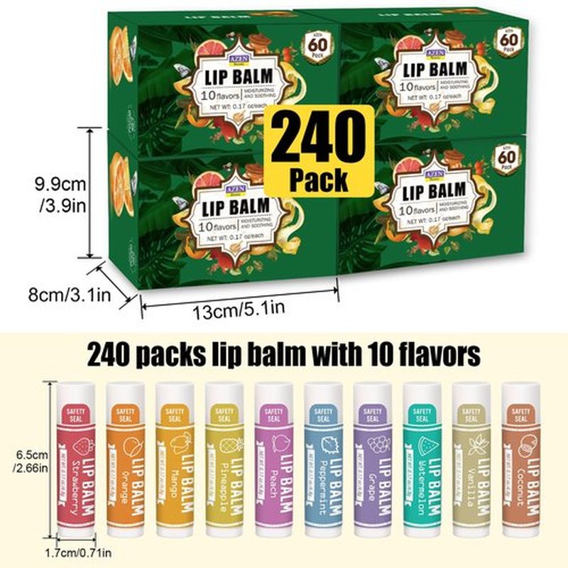 AZEN 240 Pack Lip Balm, Natural Lip Balm Bulk, Lip Care Product, Moisturizing Lip Balm for dry cracked lips - 10 Flavors