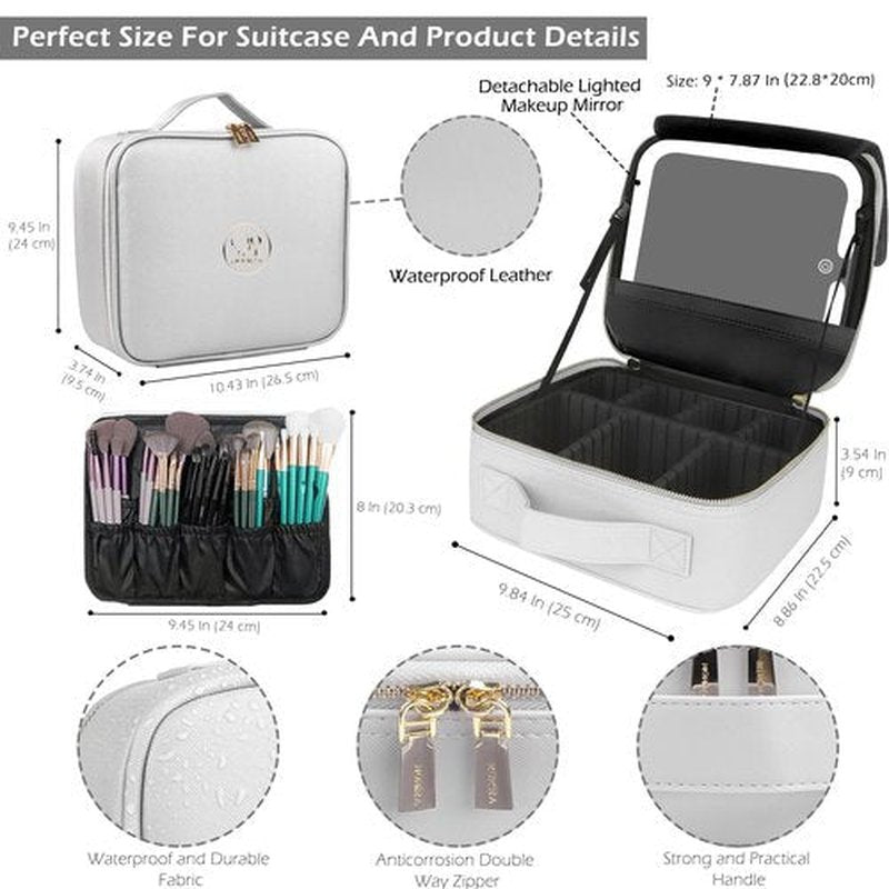 MOMIRA Travel Makeup Bag Cosmetic Bag Makeup Organizer Bag with Lighted Mirror, Adjustable Brightness in 3 Color Scenarios, Waterproof Makeup Train Case, Gift for Women - Silver