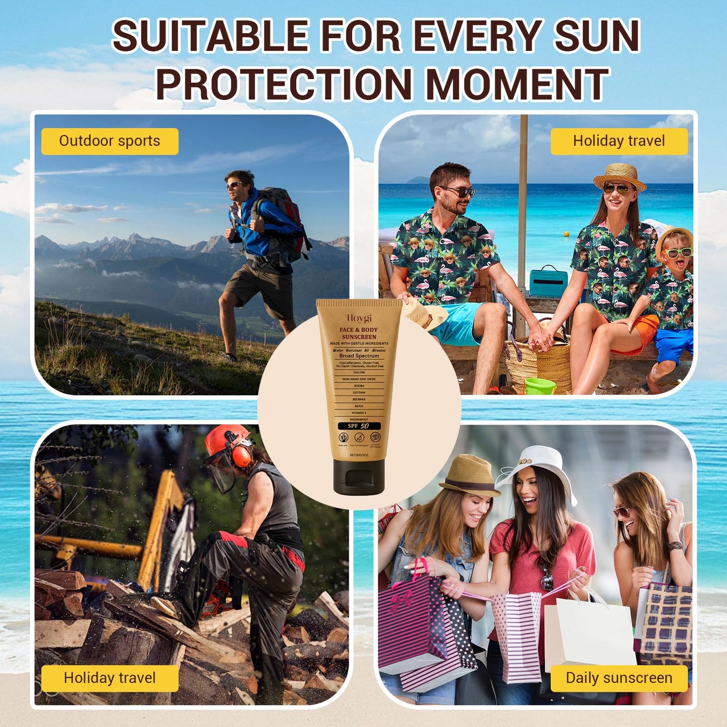 Beef Tallow Sunscreen, Natural Mineral Beef Tallow & Zinc Oxide Sunscreen SPF 50, Refreshing and Non-greasy Safest Formula, Water-Resistant Moisturizing for Women Men 3 oz (85 g)