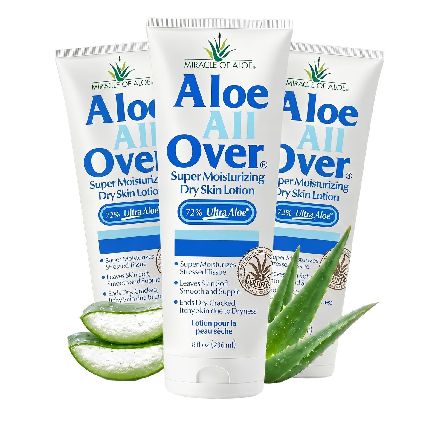 Aloe All Over Super Moisturizing Dry Skin Lotion, 3-Pack, 8 oz, 72% Aloe Vera Gel. Safe for Everyone, Ends Flaking and Restores Dry Skin Fast