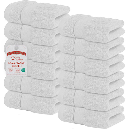 RIVERSIDE 12-Pack Premium 100% Cotton White Face Towels for Bathroom [12x12] - Reusable Luxury Face Wash Cloths for Showering - 550 GSM Super Soft & Absorbent Washcloths for Body, Spa & Gym