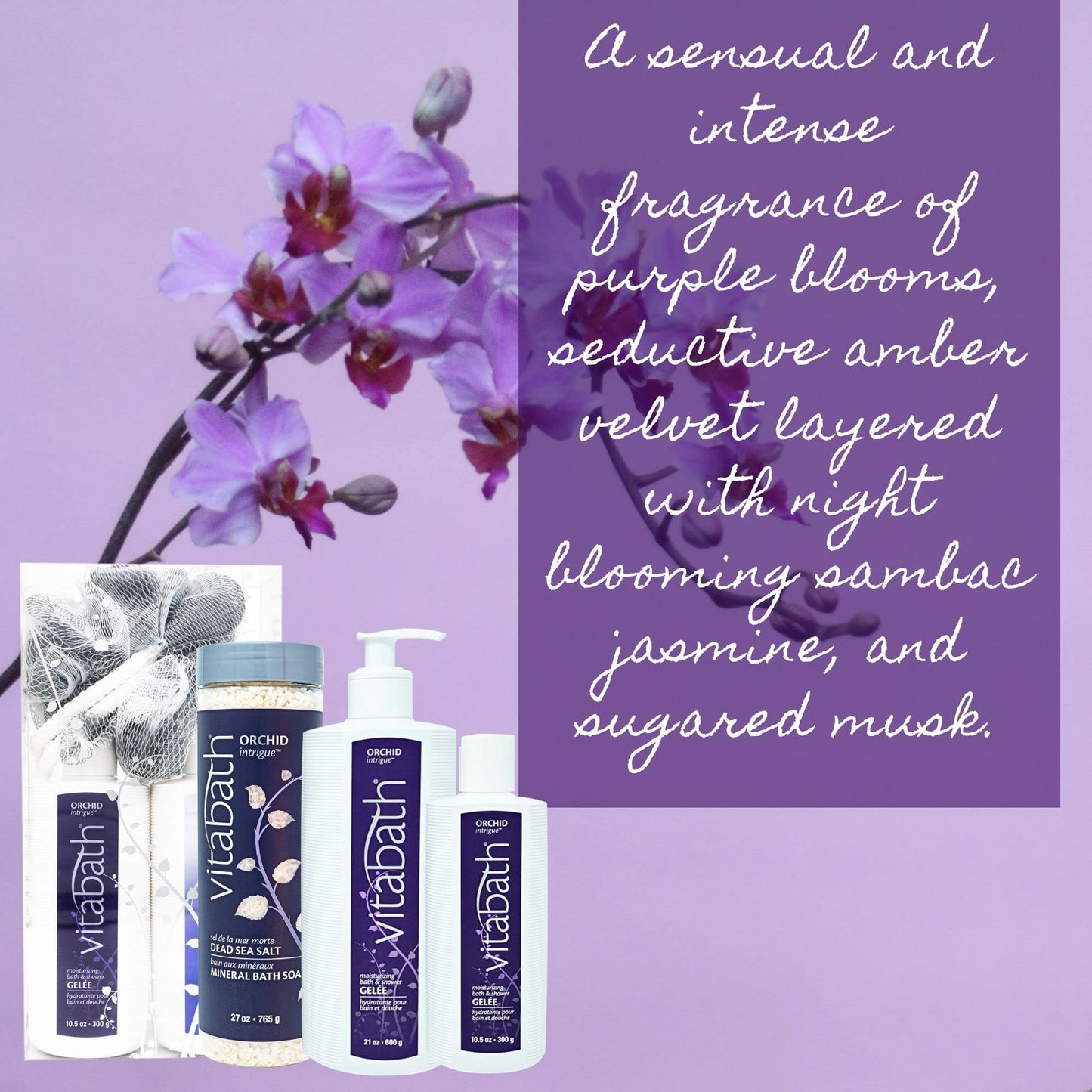 Vitabath Orchid Intrigue Everyday Skincare Set Moisturizing Shower Gel Wash, Reviving Lotion & Exfoliating Body Scrubber Pouf - Alluring Foam Cleanser & Dry Skin Hydration for Women & Men