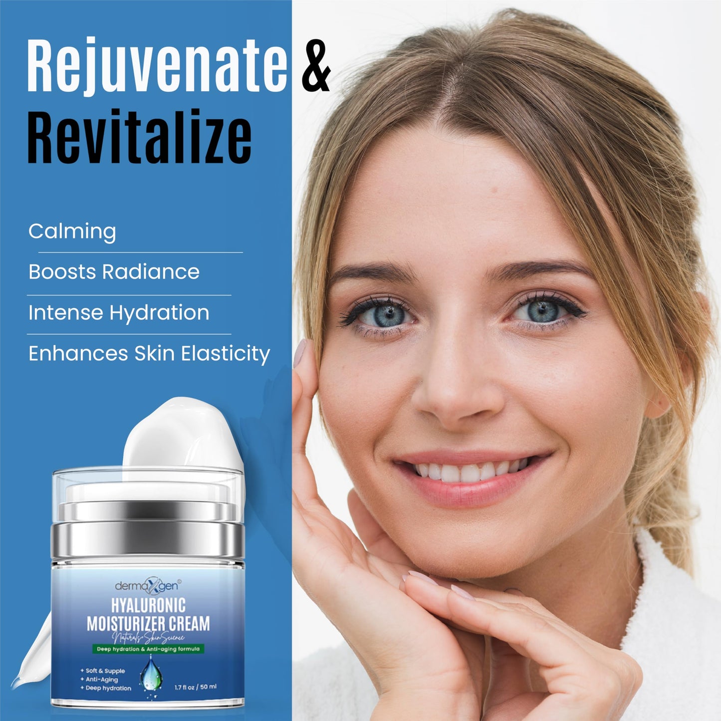 Dermaxgen Hyaluronic Acid Moisturizer - Hydrating Moisturizer Face Cream to Reduce Pigmentation & Improve Skin Elasticity - Anti Aging Cream for Day and Night Use - Suitable for All Skin Types - 50 ml