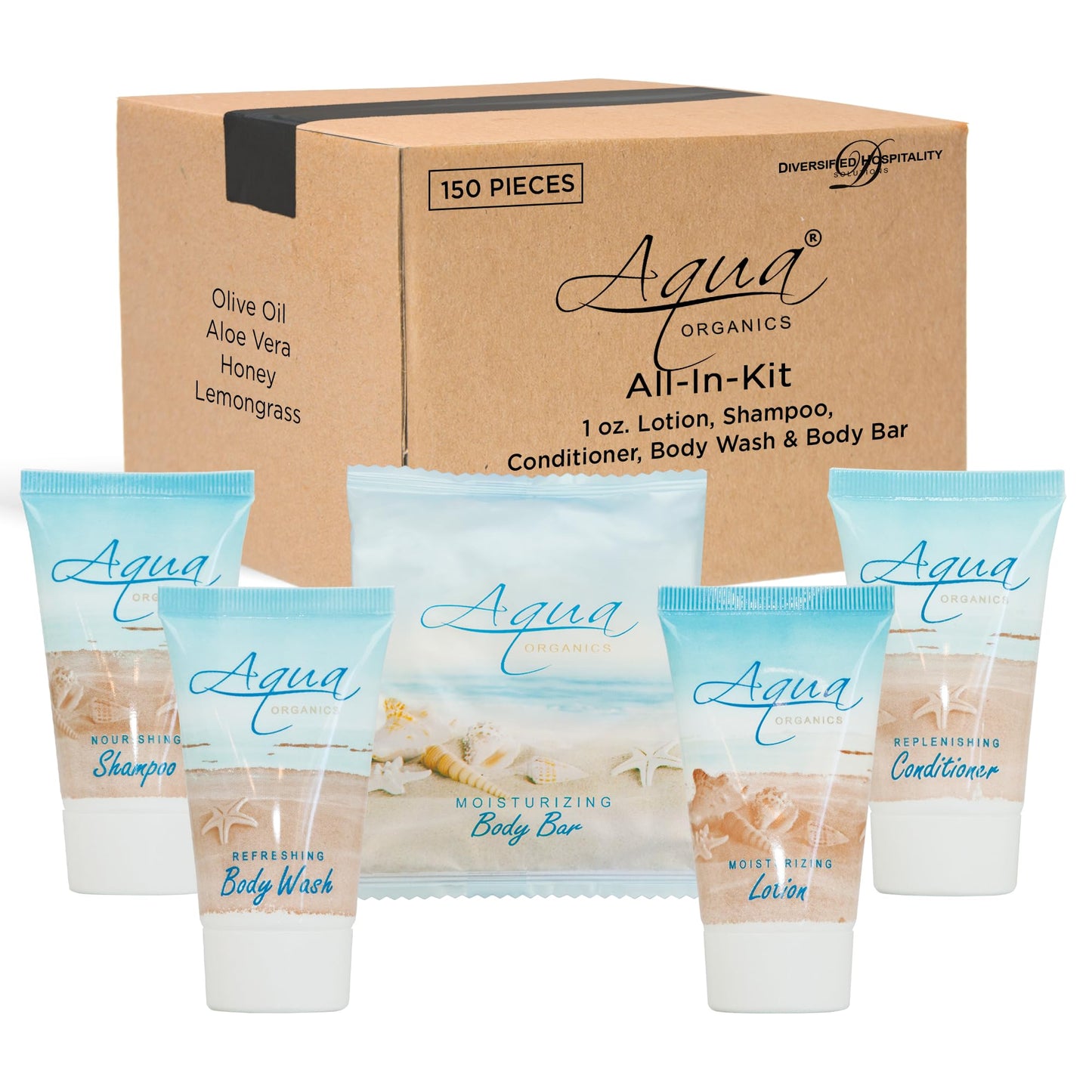 Terra Pure Aqua Organics Hotel Soaps & Toiletries Bulk Set | 1-Shoppe Amenities Kit | 1oz Shampoo & Conditioner, Body Wash, Lotion, 1oz Bar Soap | Travel Size | 150 Pieces