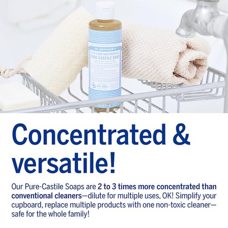 Dr. Bronner's - Pure-Castile Liquid Soap (Baby Unscented, 8 Ounce) - Made with Organic Oils, 18-in-1 Uses: Face, Hair, Laundry, Dishes, For Sensitive Skin, Babies, No Added Fragrance, Vegan, Non-GMO