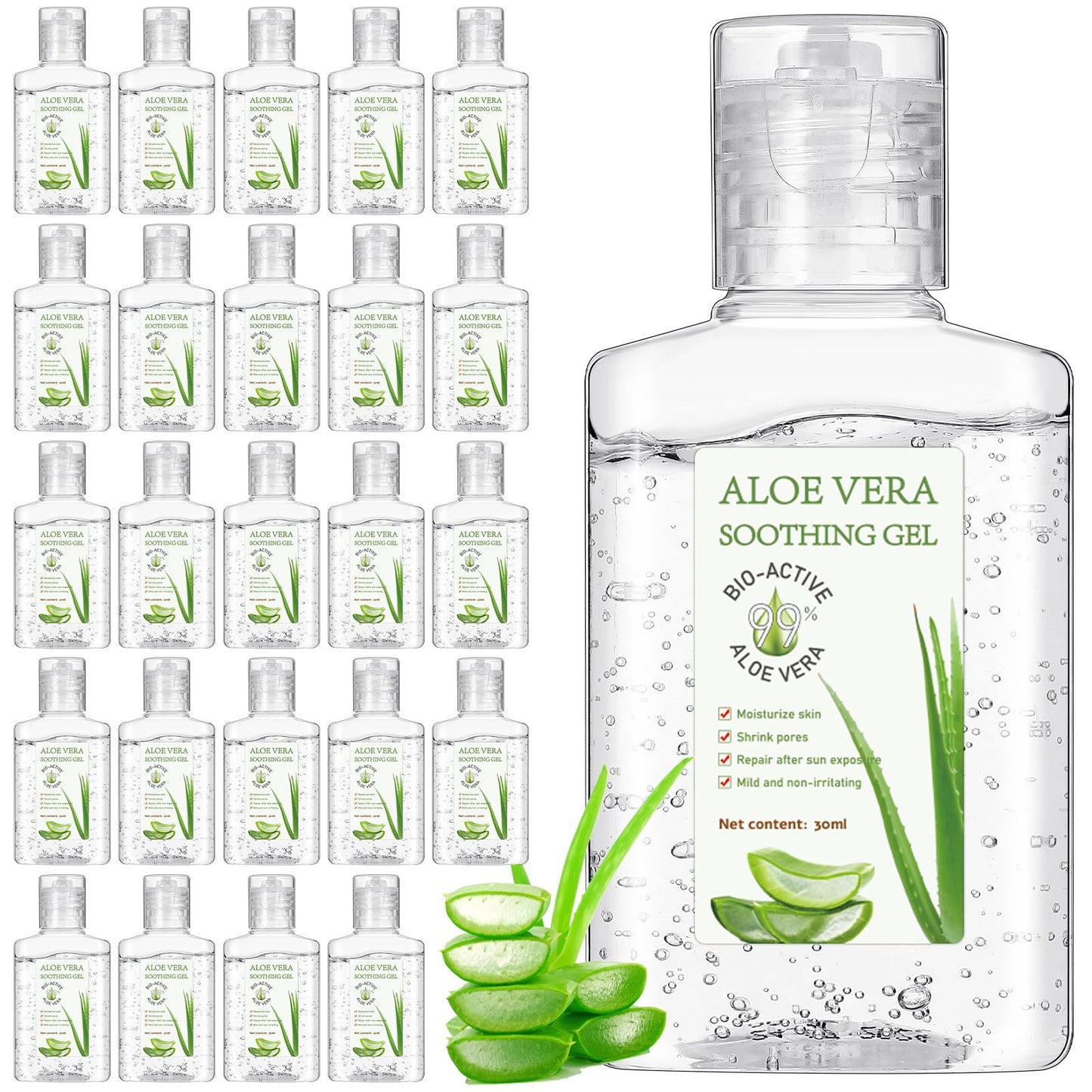 Dansib 24 Pcs Mini Aloe Vera Gel Bulk Travel Size 1oz Soothing Moisture Aloe Vera Gel for Face and Body After Sun Lotion Skin Care Sunburn Relief for Beach Summer Gifts Wedding Party Supplies(Regular)