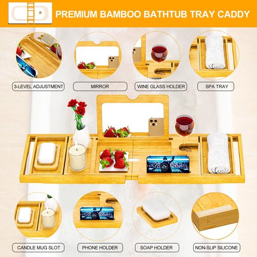 Premium Bathtub Tray Caddy with Makeup Mirror Bamboo - Bath Tray Expandable- Unique House Warming Gifts, New Home, Anniversary & Wedding Gifts for Couple, Bridal Shower Gift for Women