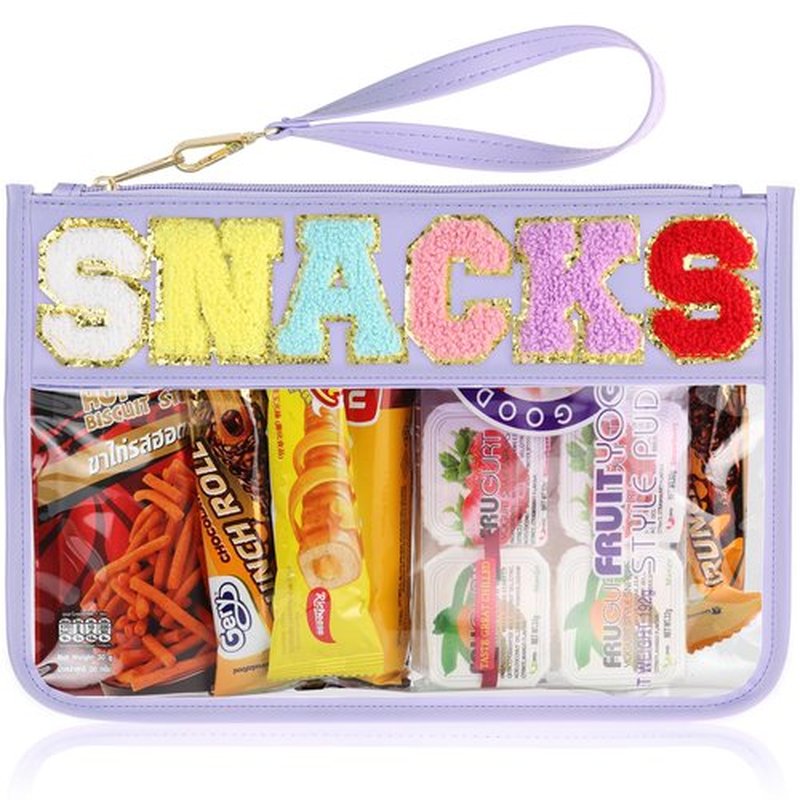 TESAFNG Snack Bag for Travel - Clear Chenille Varsity Letter Flat Pouch with Zipper, Waterproof Clear PVC&PU Preppy Patch Makeup Cosmetic tote Bags for Women Girls (Purple-Snacks)