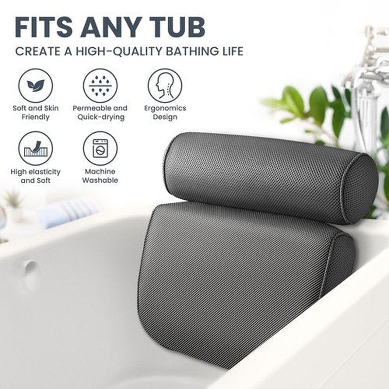 LuxStep Bath Pillow Bathtub Pillow with 6 Non-Slip Suction Cups for Head,Neck and Back Support, Extra Thick and Soft Air Mesh Spa Pillow for Bath - Fits All Bathtub, 15.35x14.56 Inch,Grey
