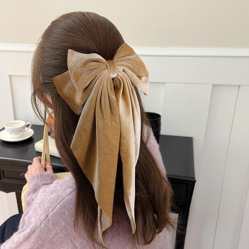 Khaki Velvet Hair Bows with Long Tail for Women Girls Thick Hair Ponytail Holder Decor Accessory, Velvet Ribbon Bow-Knot French Hair Barrette Clip Fall Winter Early Spring Headwear