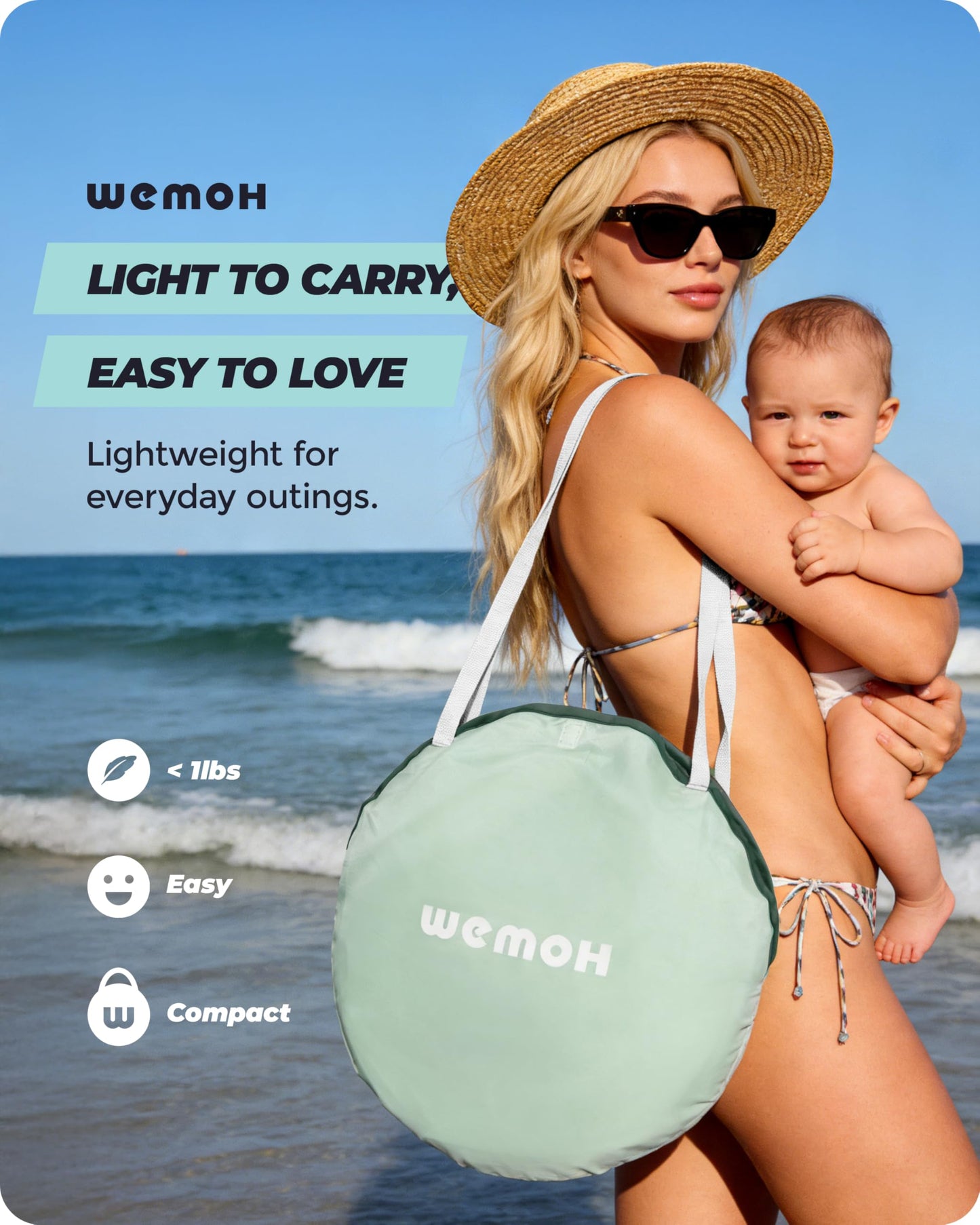 WEMOH Baby Beach Tent, 2026 Upgrade Pop-Up UPF 50+ Sun Protection with Mosquito Net Shelter Canopy Portable Outdoor Shade Summer Essentials for Babies Toddlers- Green Leaves