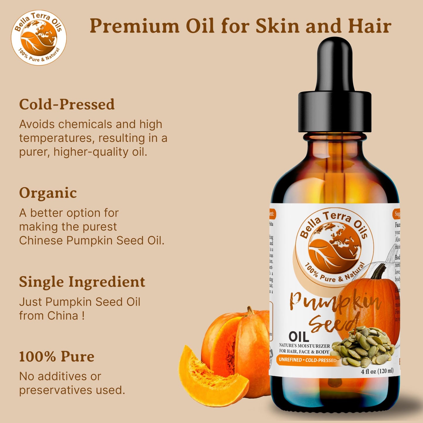 Bella Terra Oils Pumpkin Seed Oil 8oz - Natural, Cold-Pressed, Rich in Omega-9 & Essential Nutrients