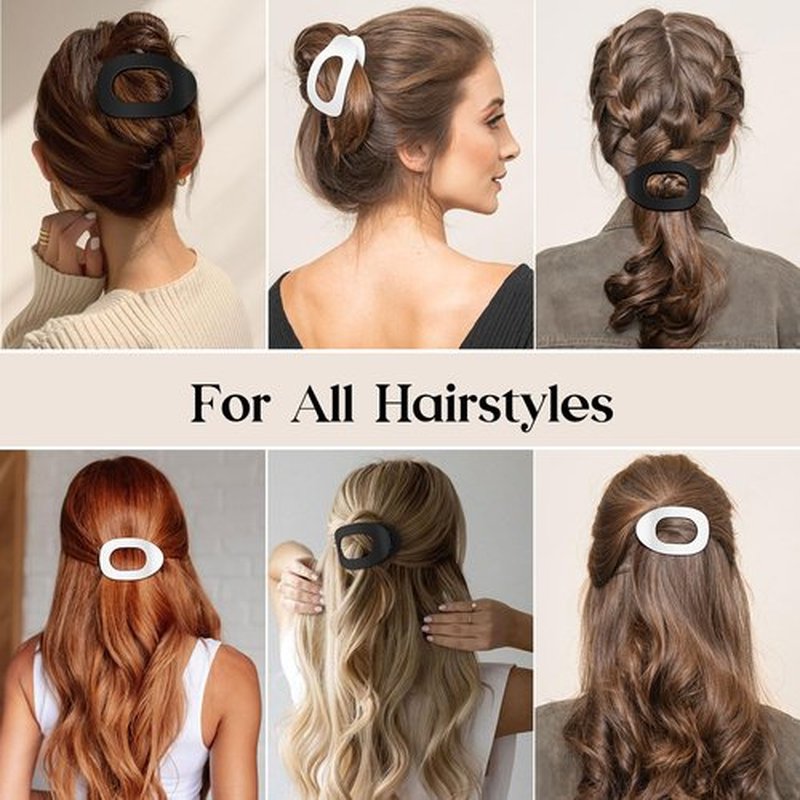 Oeusnael 2 PCS Flat Hair Clips, French Round Lay Down Claw Clips for Women Girls, Matte Non-slip Strong Hold Hair Clips for Thick Thin Curly Hair, Comfortable Curved Flat Hair Clips, White & Black