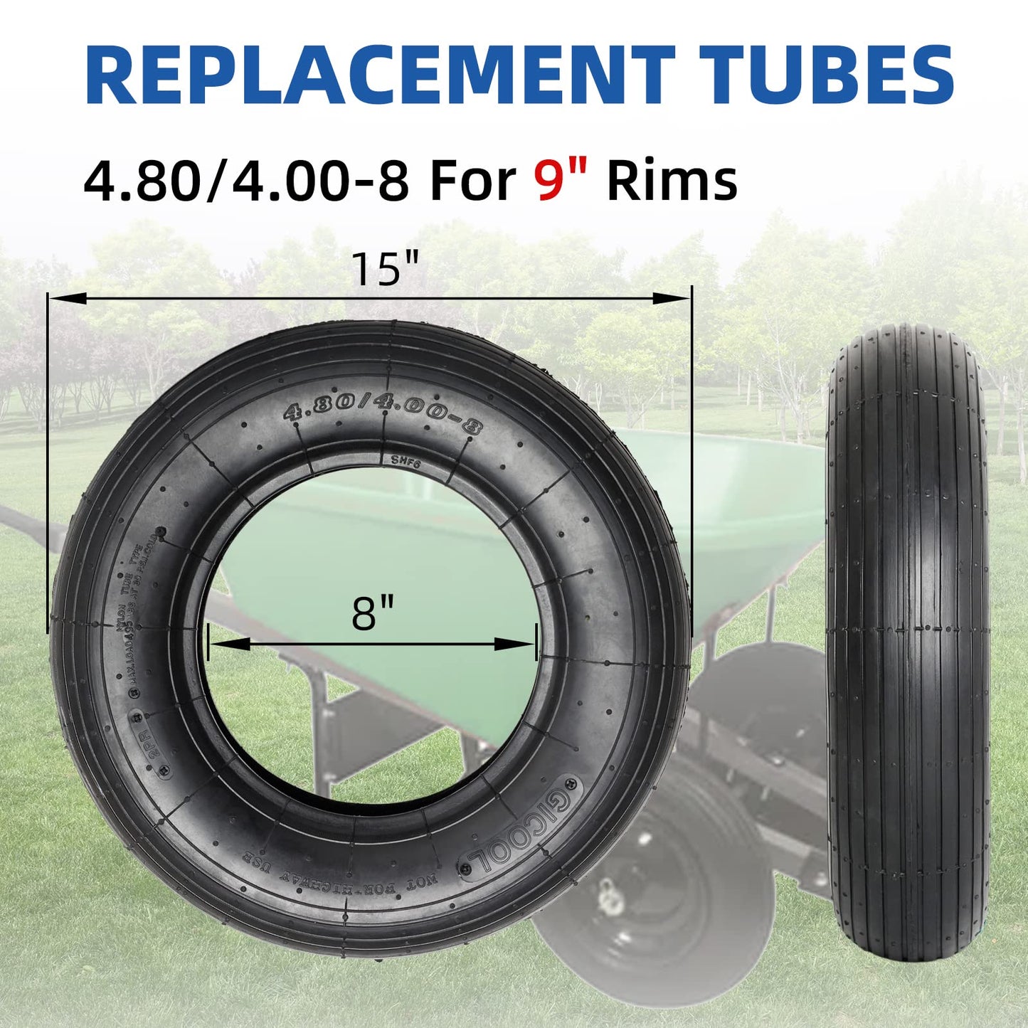 GIGOOL 4.80/4.00-8" Replacement Tire and Inner Tube Set, 2 Pack, 15" Heavy Duty Tire and Wheel, TR-13 Straight Valve Stem, for Wheelbarrow Trolley Dolly Garden Wagon Wheel Replacemen
